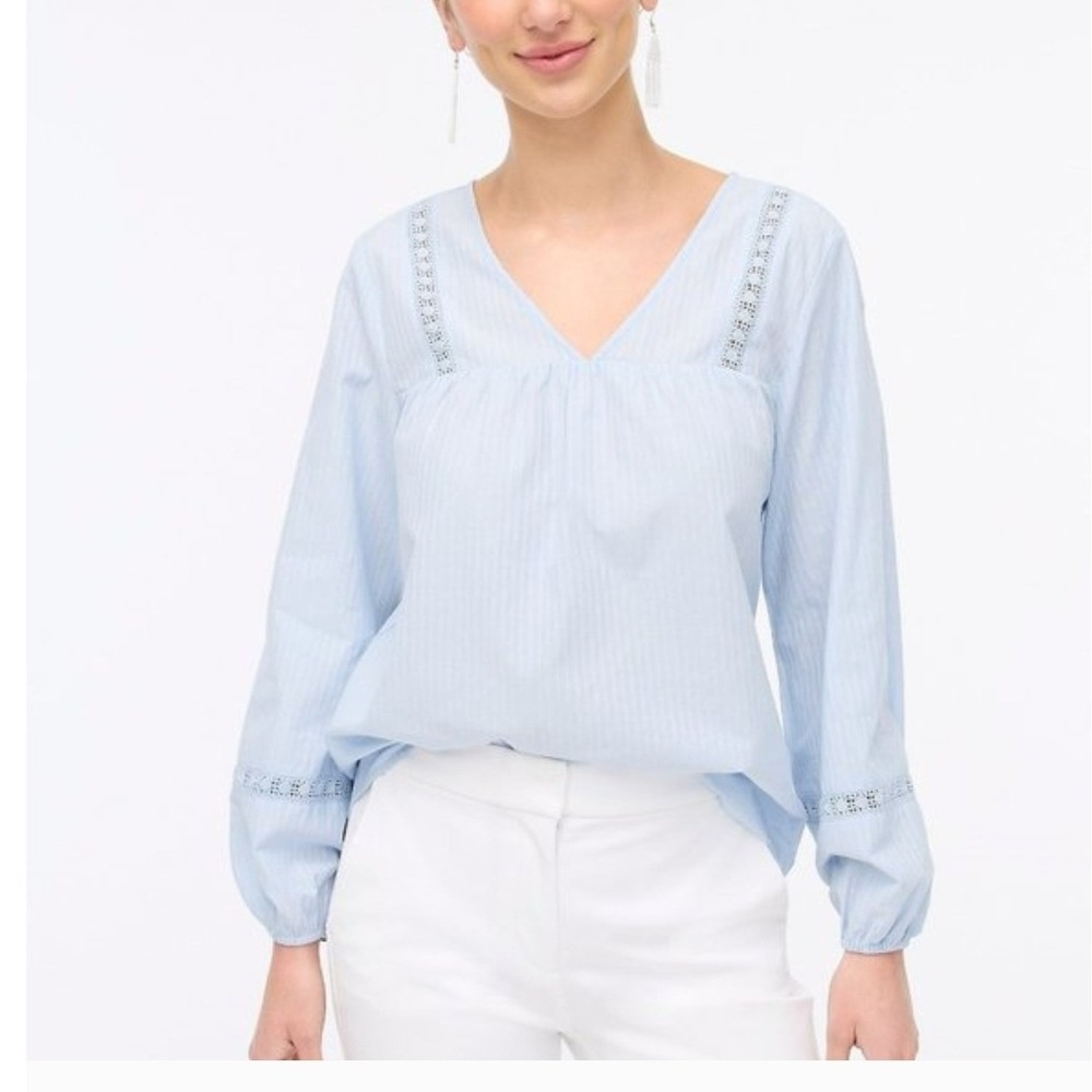 J. Crew Peasant Top Blue Long Sleeve Blousan Sleeve Embroidered Womens Small - Picture 3 of 11